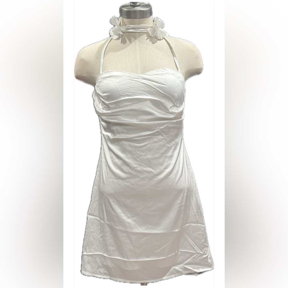 Commense White Halter Dress with Floral Detail